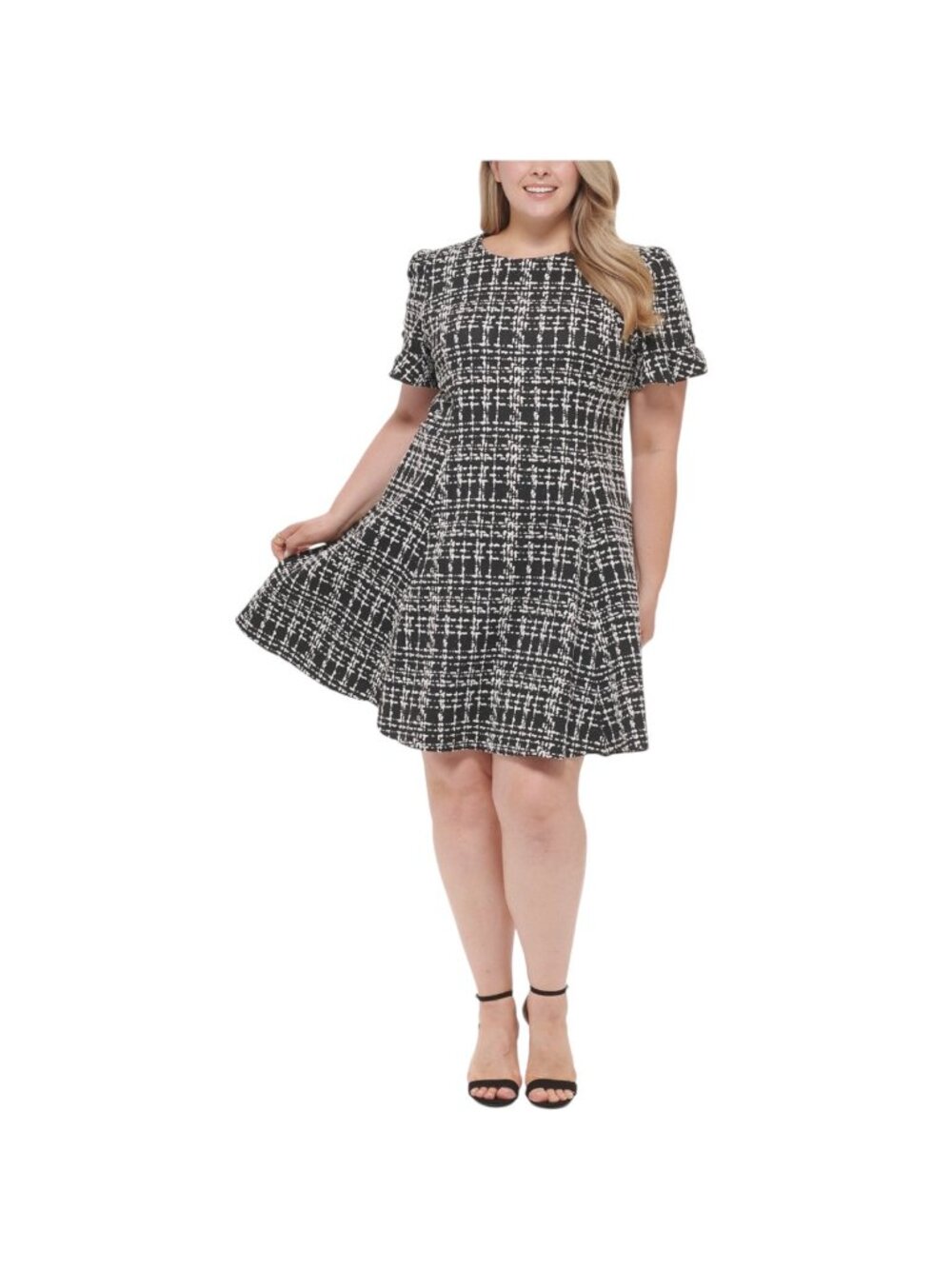 DKNY NWT $139 Women's Textured Tweed Fit & Flare Dress, Black Ivory Size 16